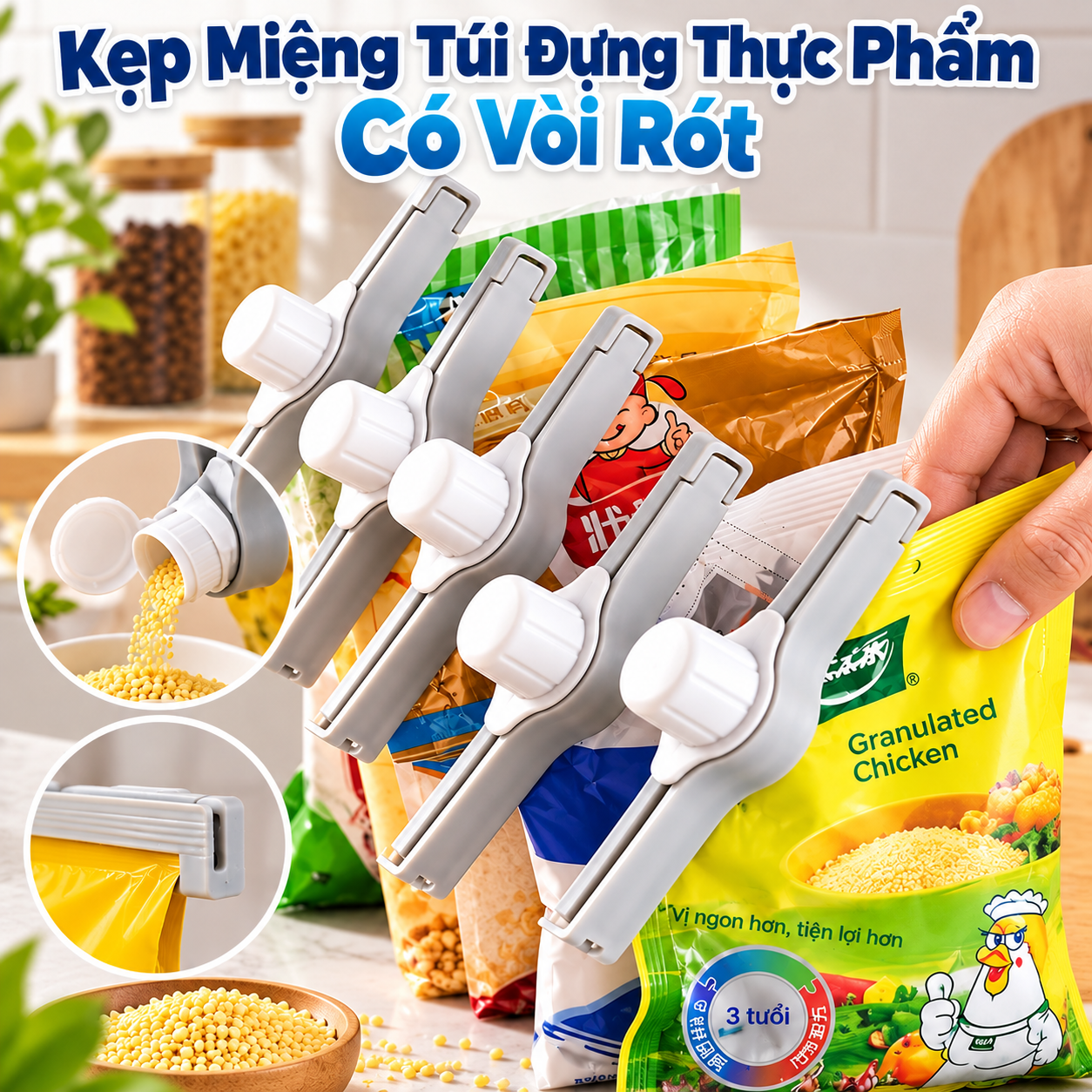 Kẹp Miệng Túi Đựng Thực Phẩm Có Vòi Rót, Kẹp Đóng Túi Kín Chống Ẩm, Bảo Quản Gia Vị, Đồ Ăn Vặt, Túi Bột Tiện Lợi