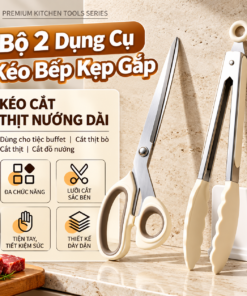 Bộ 2 Dụng Cụ Kéo Bếp Inox Đa Năng Kèm Kẹp Gắp, Kéo Cắt Thịt Nướng BBQ, Kéo Cắt Thực Phẩm, Kẹp Gắp Đồ Ăn Tiện Lợi Nhà Bếp