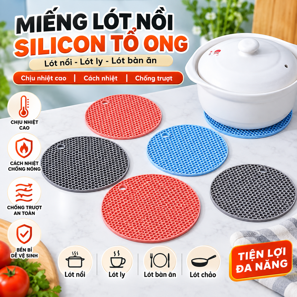 Miếng Lót Nồi Silicon Hình Tổ Ong Chịu Nhiệt, Cách Nhiệt Chống Nóng, Lót Bàn Ăn Chống Bỏng, Lót Nồi Chảo Tiện Lợi