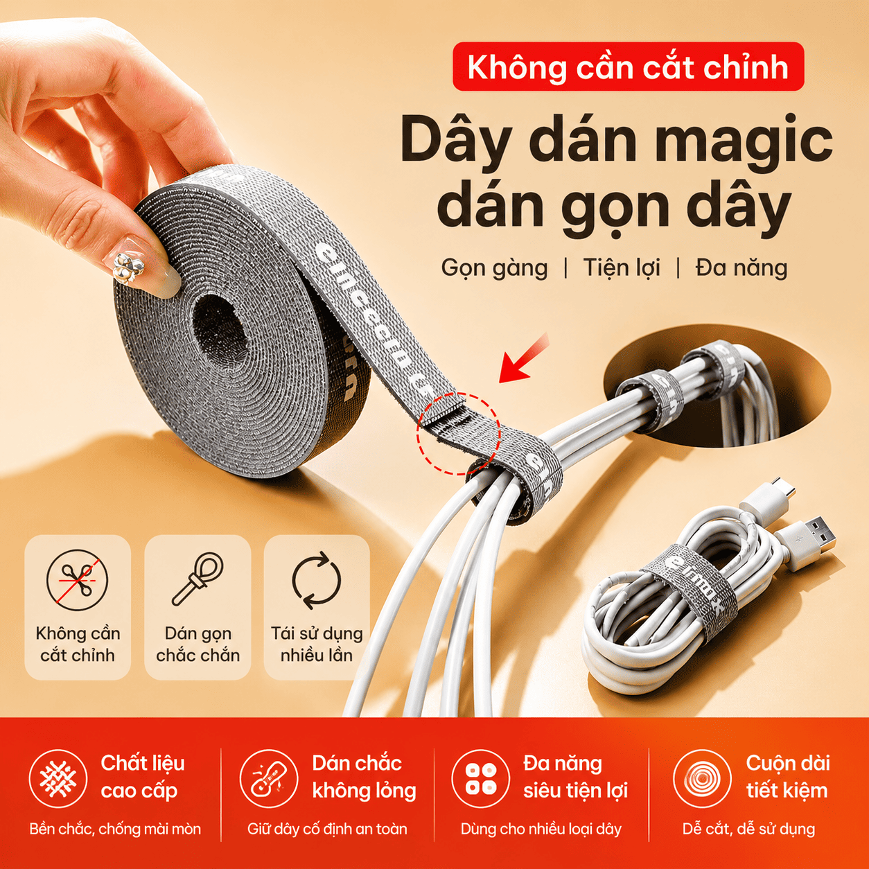 Dây Buộc Dây Điện Dạng Cuộn Tiện Lợi, Dây Dán Velcro Quấn Gọn Dây Cáp, Dây Sắp Xếp Cáp Sạc, Dây Điện Bàn Làm Việc
