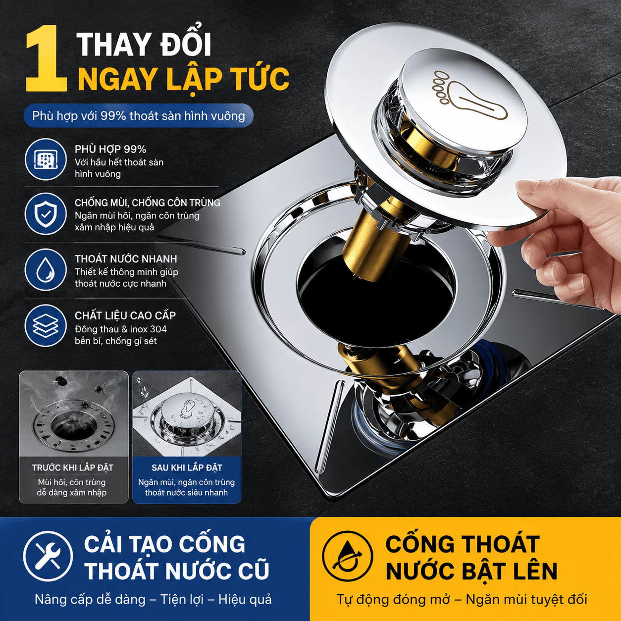 Lõi Thoát Nước Sàn Bật Nhảy, Dạng Nhấn Chân, Nắp Đậy Cống Thoát Nước Nhà Tắm, Chống Mùi, Lọc Rác
