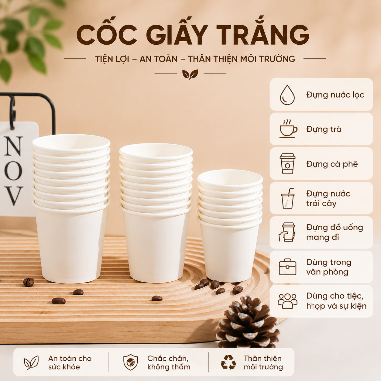 Cốc Giấy Dùng 1 Lần Ly Giấy Trắng Dày Dặn Cho Gia Đình Văn Phòng Tiệc Sự Kiện 250-350ml