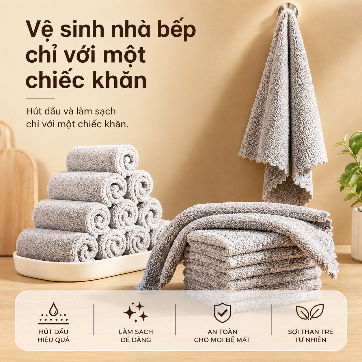 Khăn Lau Bếp Sợi Than Tre, Khăn Rửa Chén Thấm Hút Tốt, Lau Dầu Mỡ, Khăn Lau Đa Năng Dày Dặn