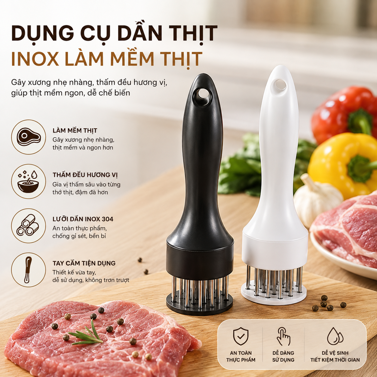 Dụng Cụ Dần Thịt Inox Làm Mềm Thịt, Dần Gân Bò, Bít Tết, Thịt Heo, Thịt Nướng BBQ Tiện Lợi